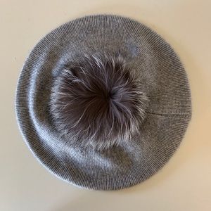 Amicale Cashmere Genuine Fox Fur Pompom Beret